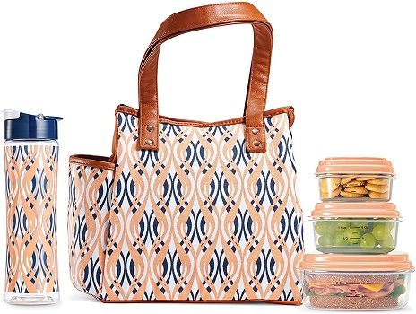Fit And Fresh Westerly Insulated Lunch Bag Kit With Matching Bottle And Containers, Peach Teardrop Waves